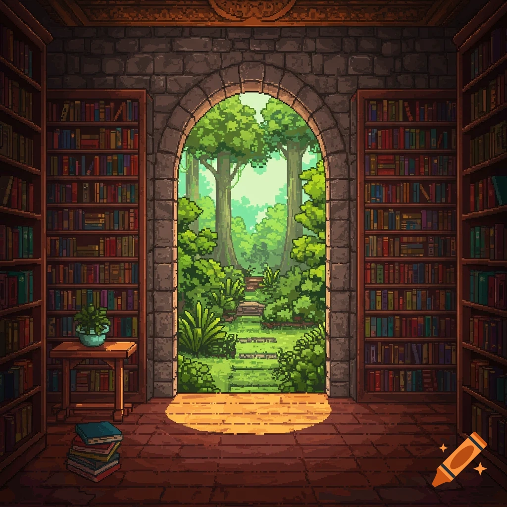 Pixel art view from a library room with bookshelves through a stone archway overlooking a lush forest garden path.