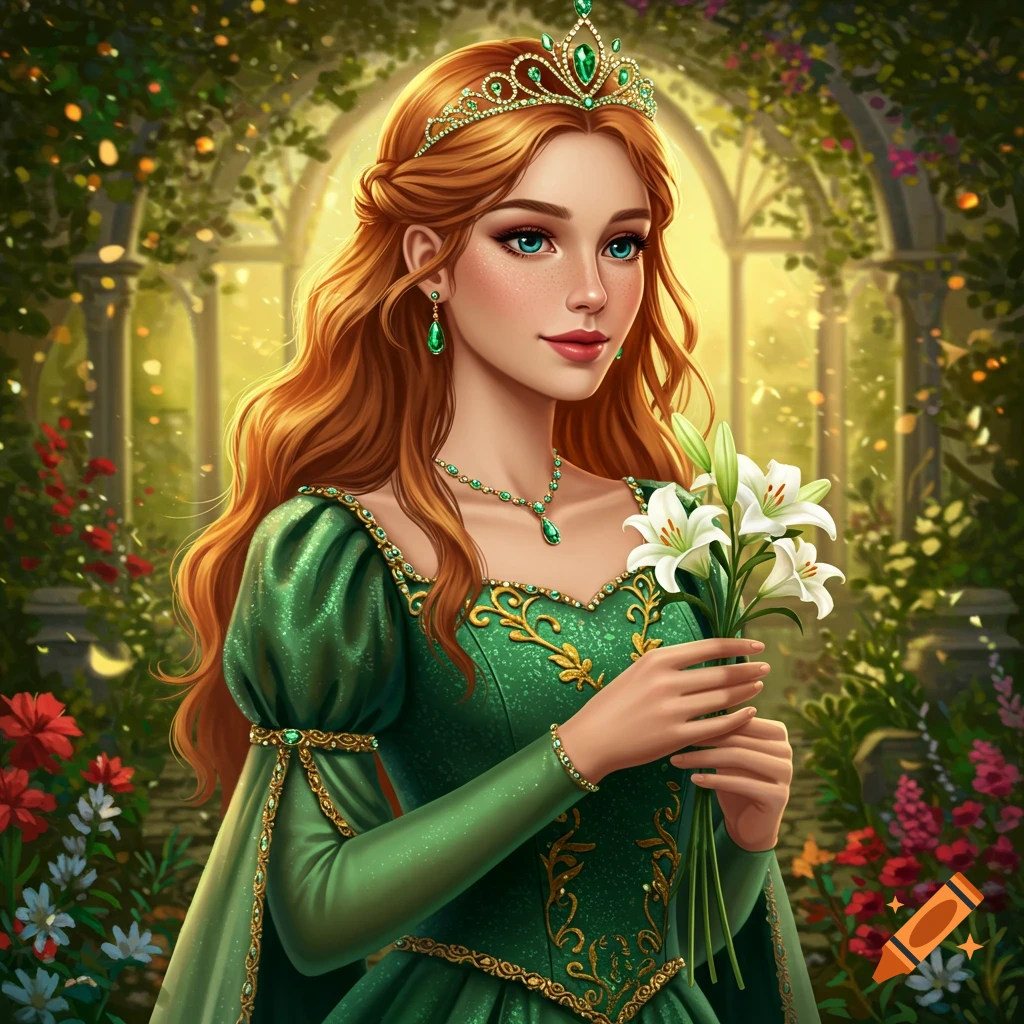 An illustration of a princess with red hair and a green dress holding white flowers in a sunlit garden arbor.