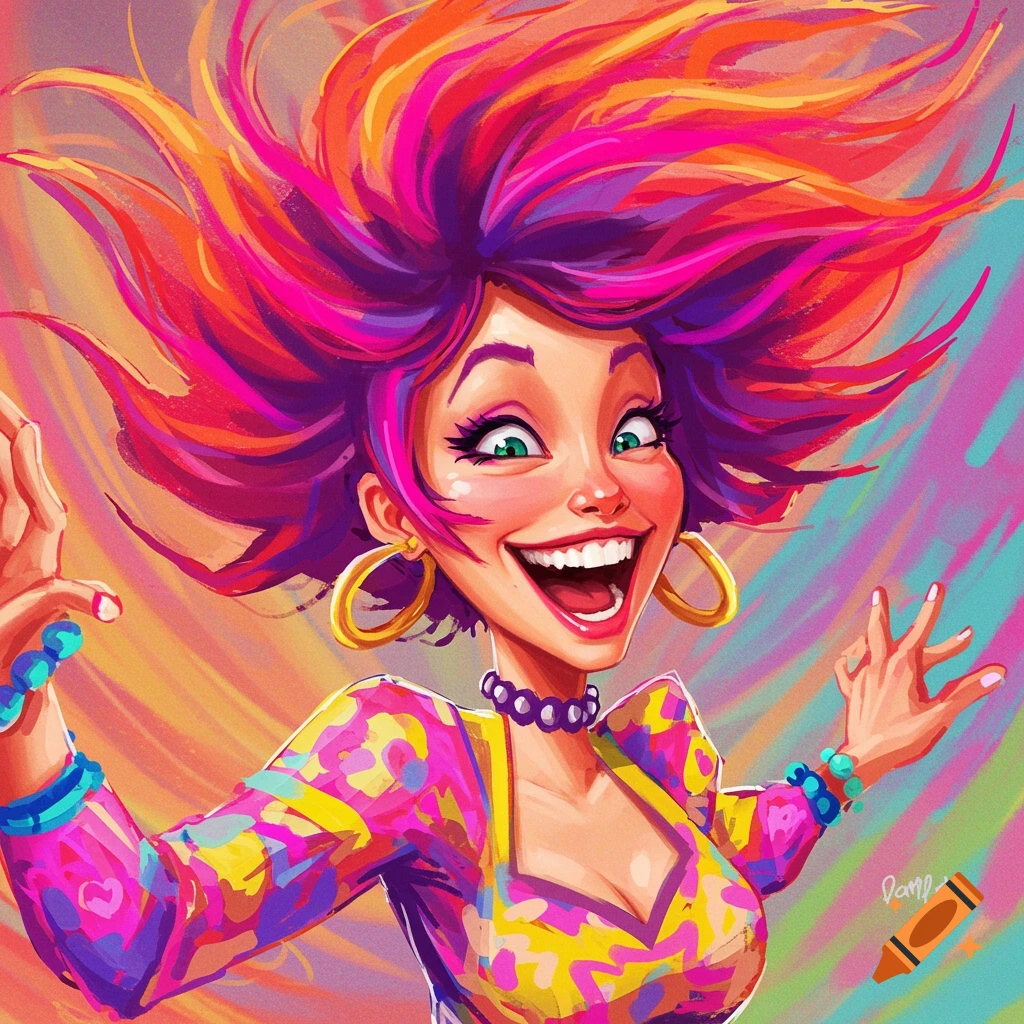 Cartoon illustration of a joyful woman with wild, brightly colored hair, wearing a vibrant patterned outfit.
