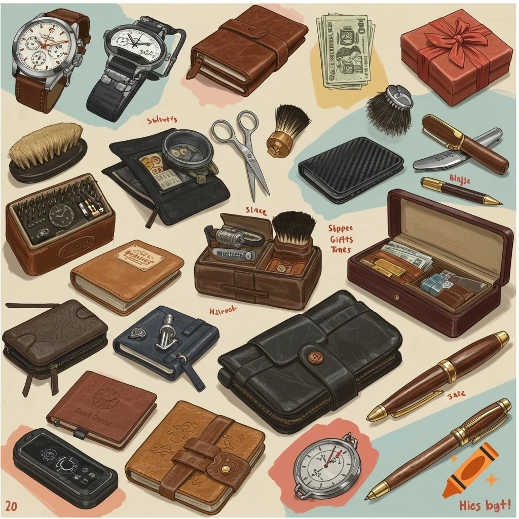 An illustration of a collage of men's gift items including watches, pens, wallets, and grooming tools.