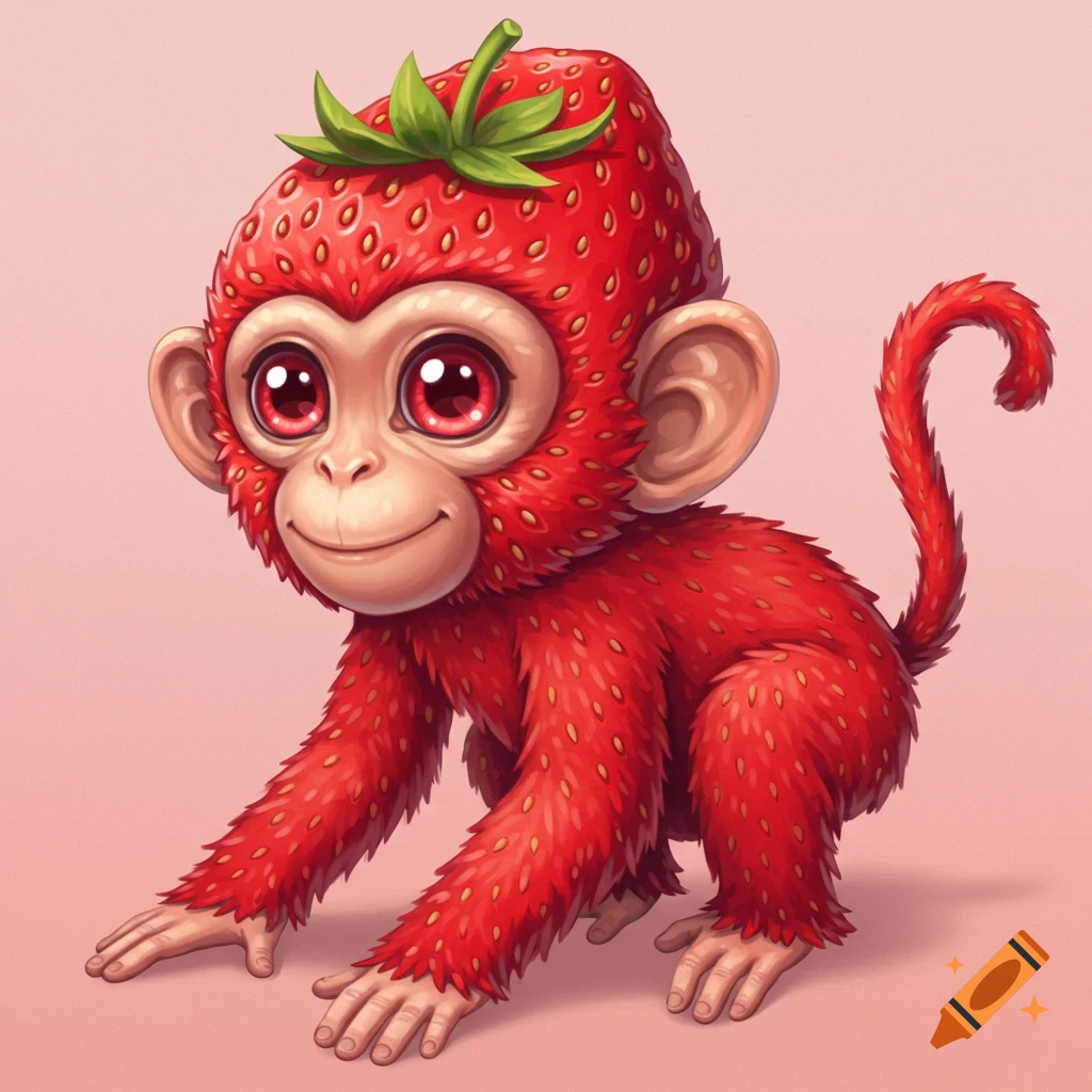 A cute cartoon illustration of a monkey creature made of a strawberry.