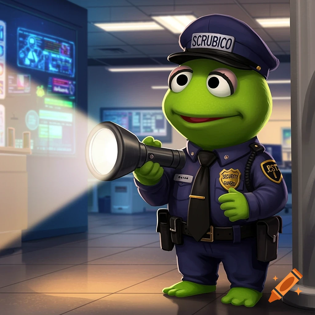Cartoon frog security guard holds a flashlight in an office.