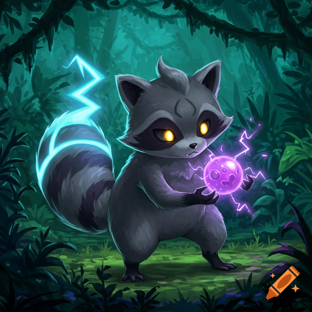 Illustration of a cartoon raccoon creature with lightning on its tail holding a glowing purple orb in a forest.