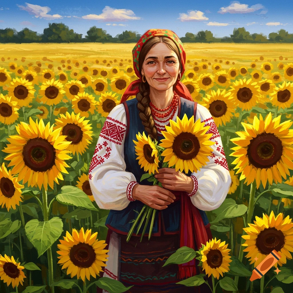 Ukrainian peasant woman in a sunflower field.