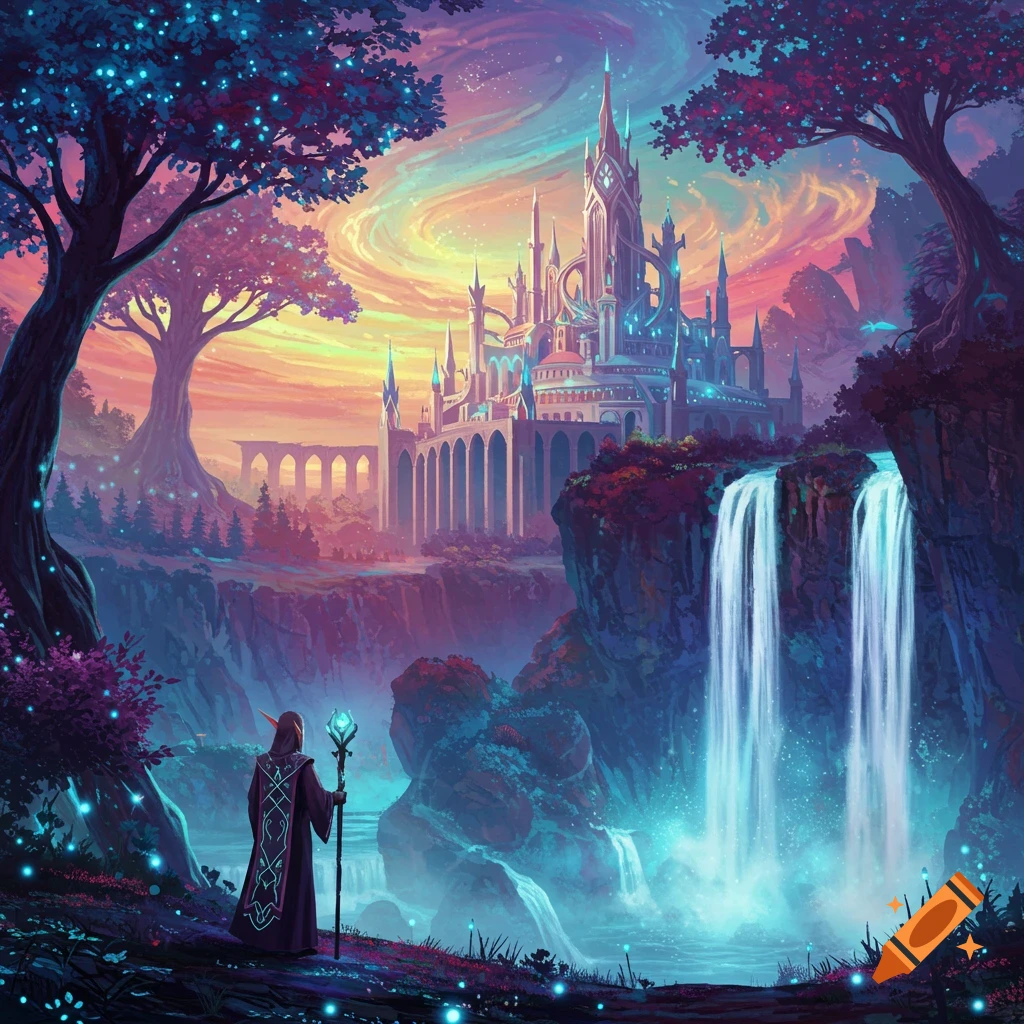 A wizard stands before a glowing fantasy castle and waterfalls under a colorful sunset sky.
