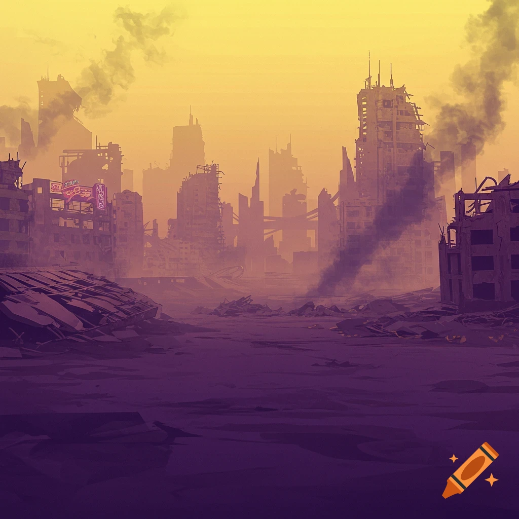 Stylized destroyed city landscape in purple and yellow tones with smoke and ruined buildings