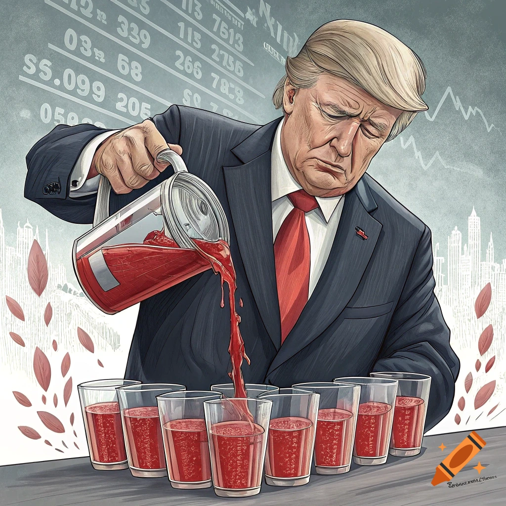 Illustration of Donald Trump pouring red liquid from a jug into glasses, with stock market data and cityscape in the background.