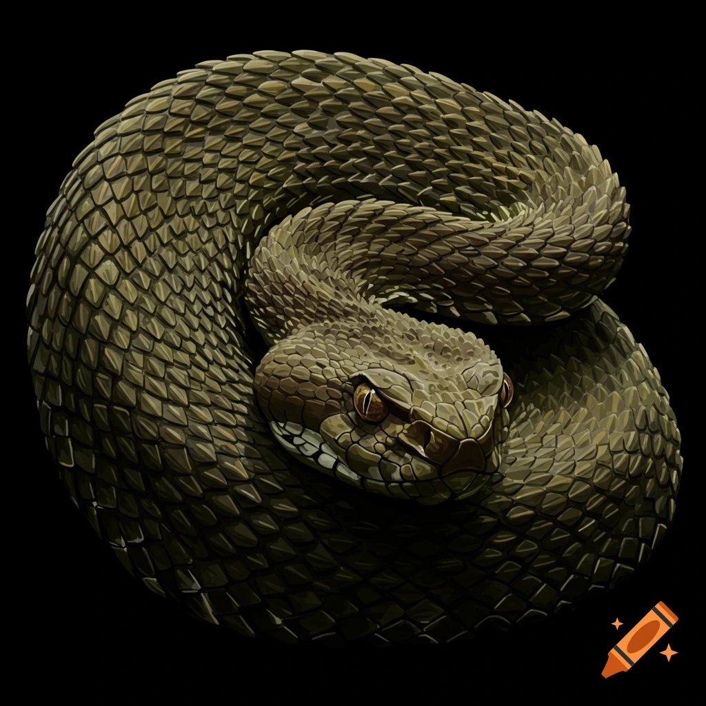 A coiled cottonmouth viper snake on a black background, illustration style.
