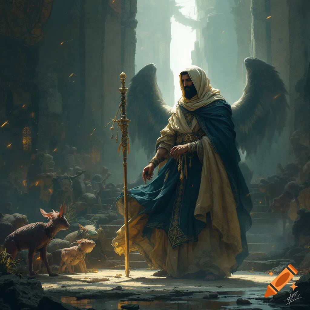 A winged figure in robes stands in a ruined, misty environment holding a staff, with small creatures nearby.