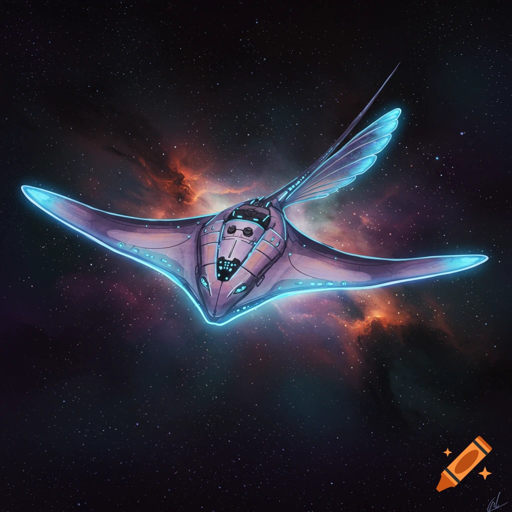 A spaceship shaped like a stingray flies through space with stars and nebulae.