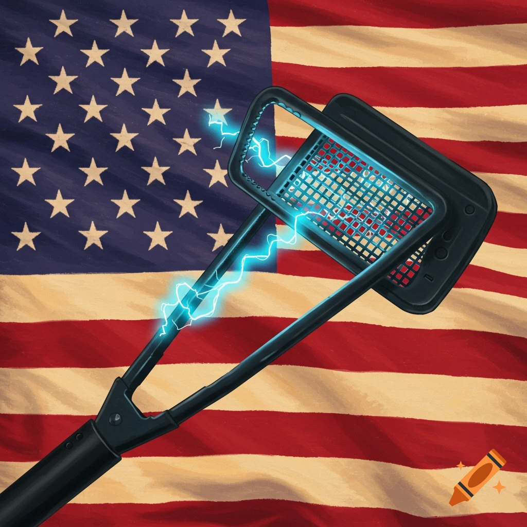A bug zapper grabber tool is held against the background of an American flag.