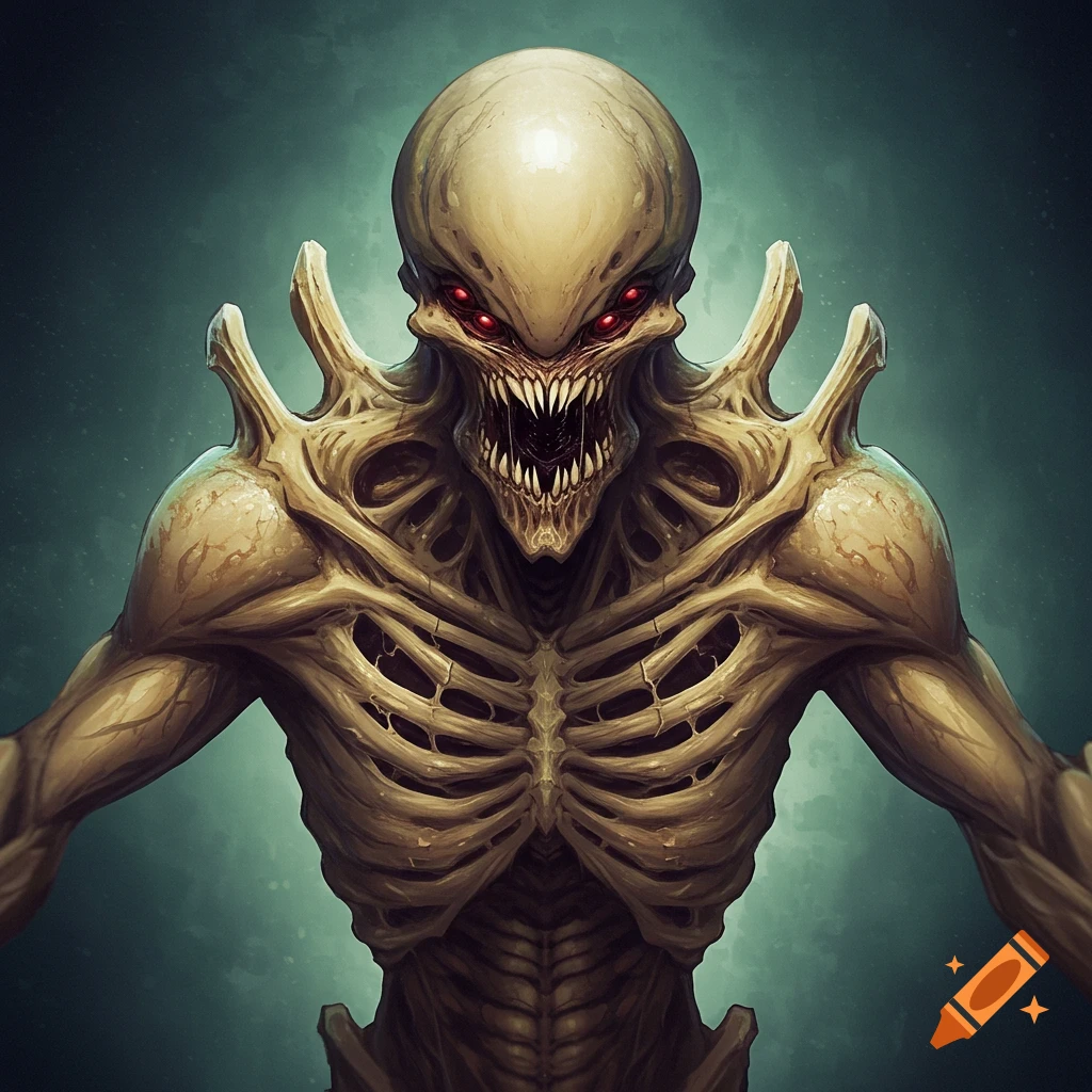 A detailed, close-up illustration of a monstrous alien creature with red eyes and a skeletal, ridged torso.