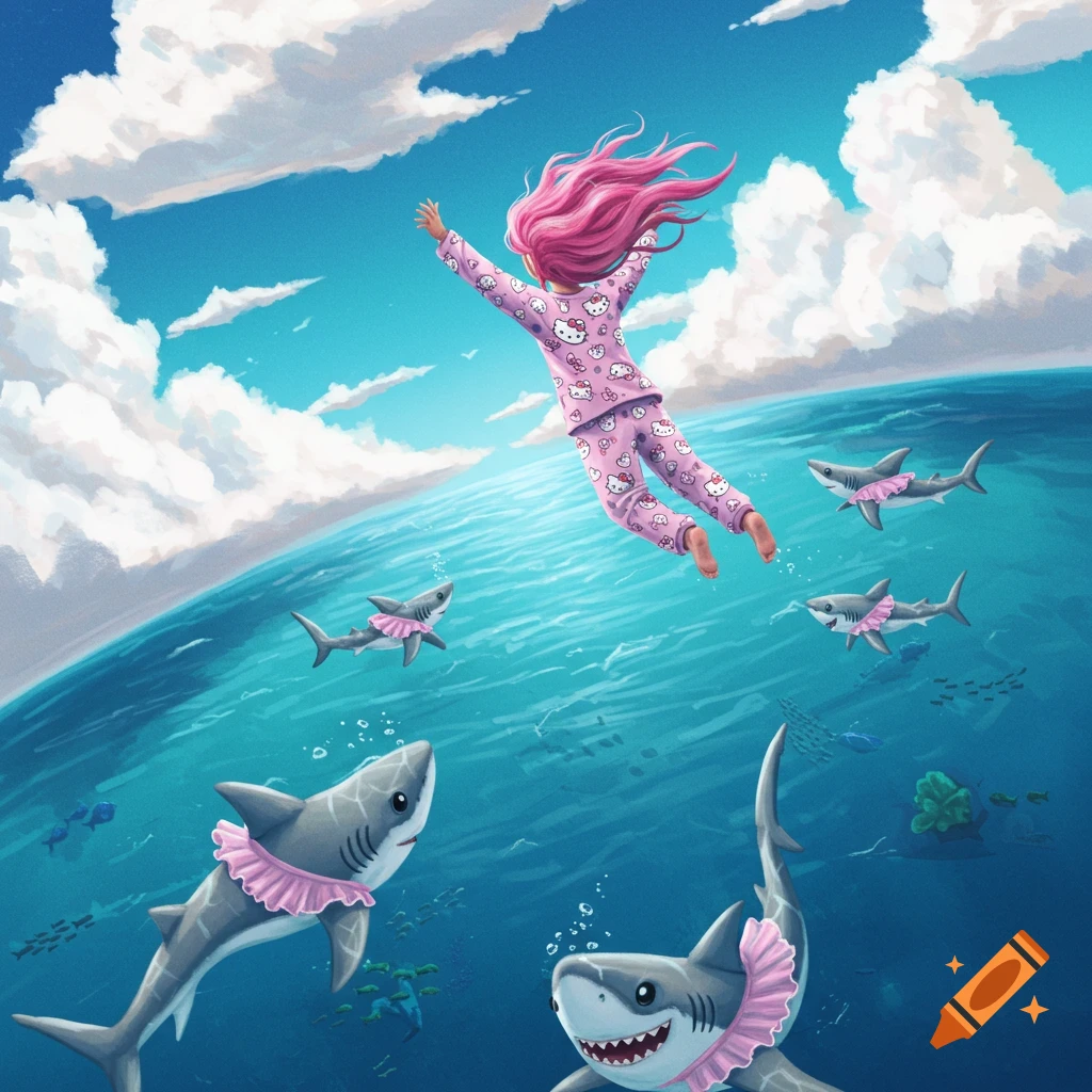 Person flying over ocean in Hello Kitty pajamas, surrounded by sharks in tutus. Cartoon style.