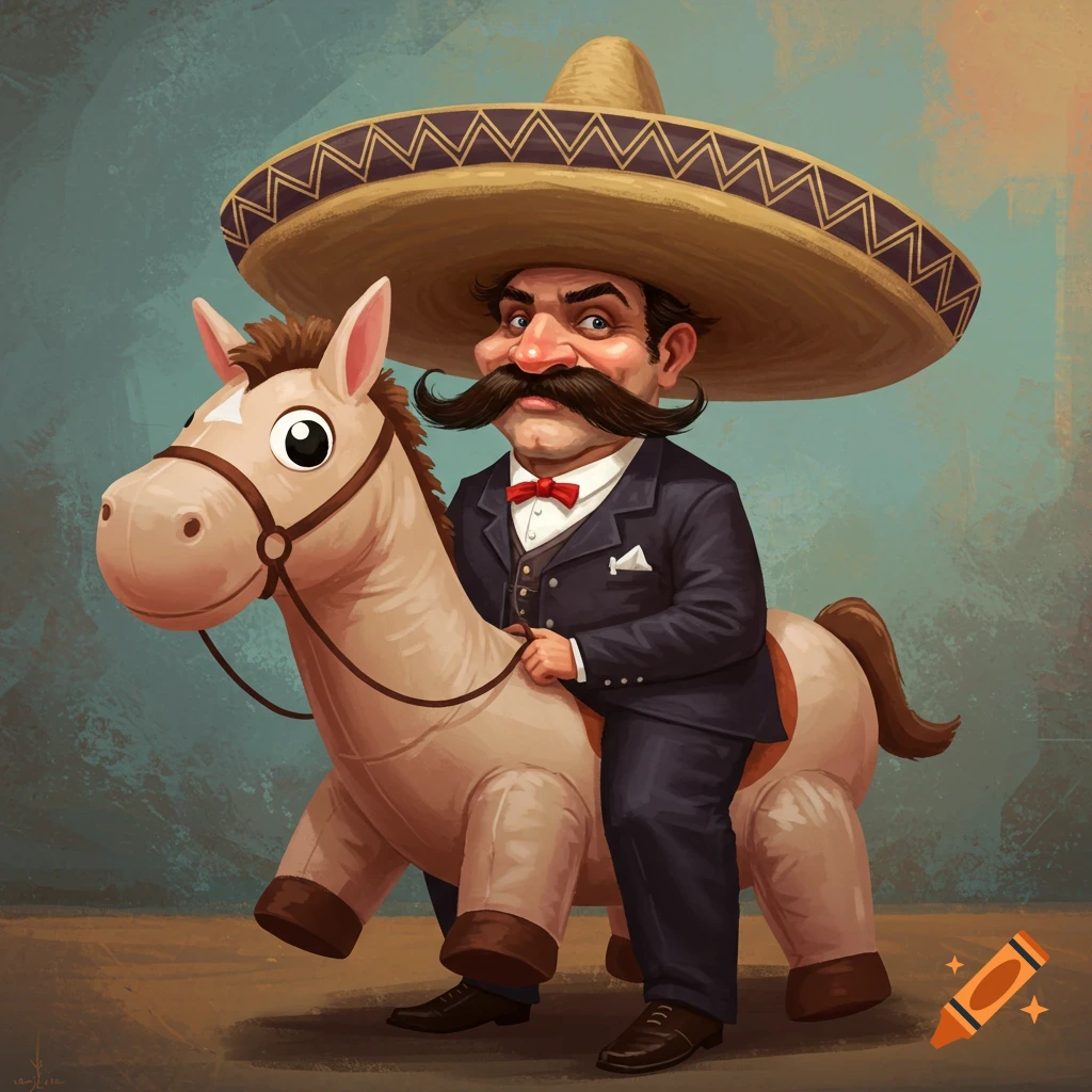Cartoon illustration of a man in a sombrero, suit, and large mustache riding an inflatable horse costume.