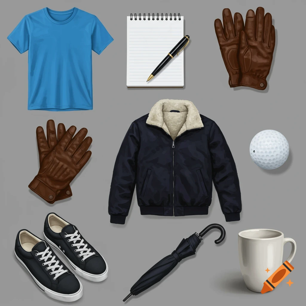 A collection of items including a blue t-shirt, notepad, pen, brown gloves, dark jacket, golf ball, black shoes, umbrella, and white mug.
