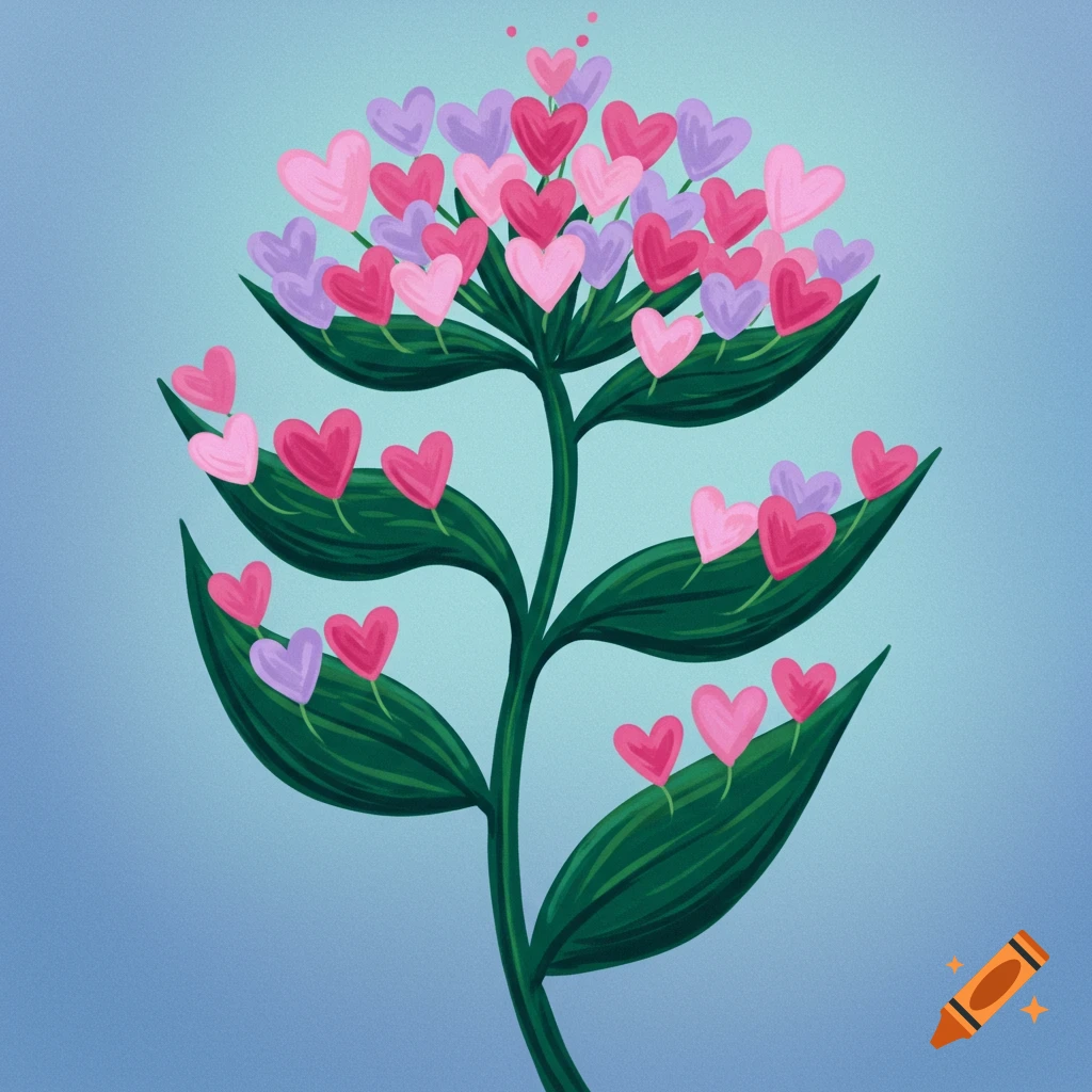 A stylized illustration of a plant with dark green leaves and many pink and purple hearts growing on the stem and leaves against a blue background.