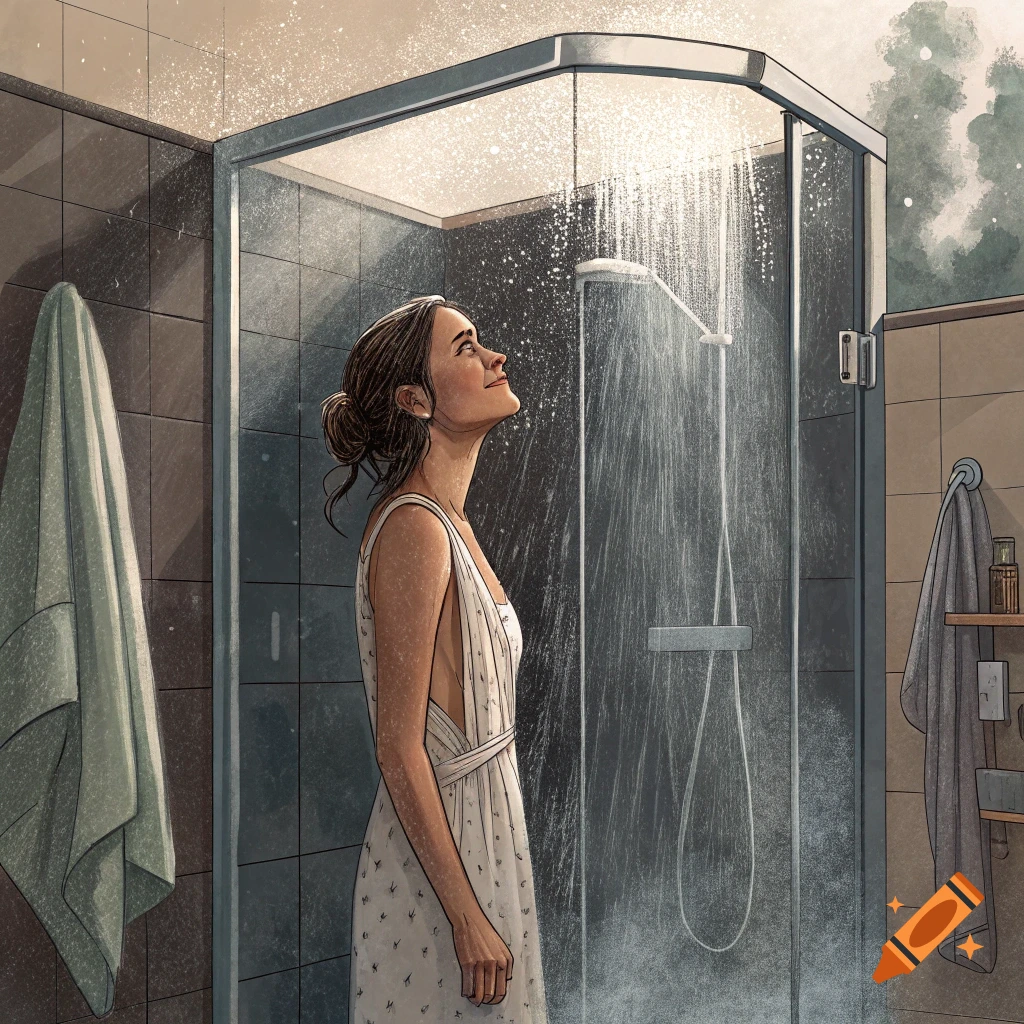 Stylized illustration of a woman in a dress standing in a shower.