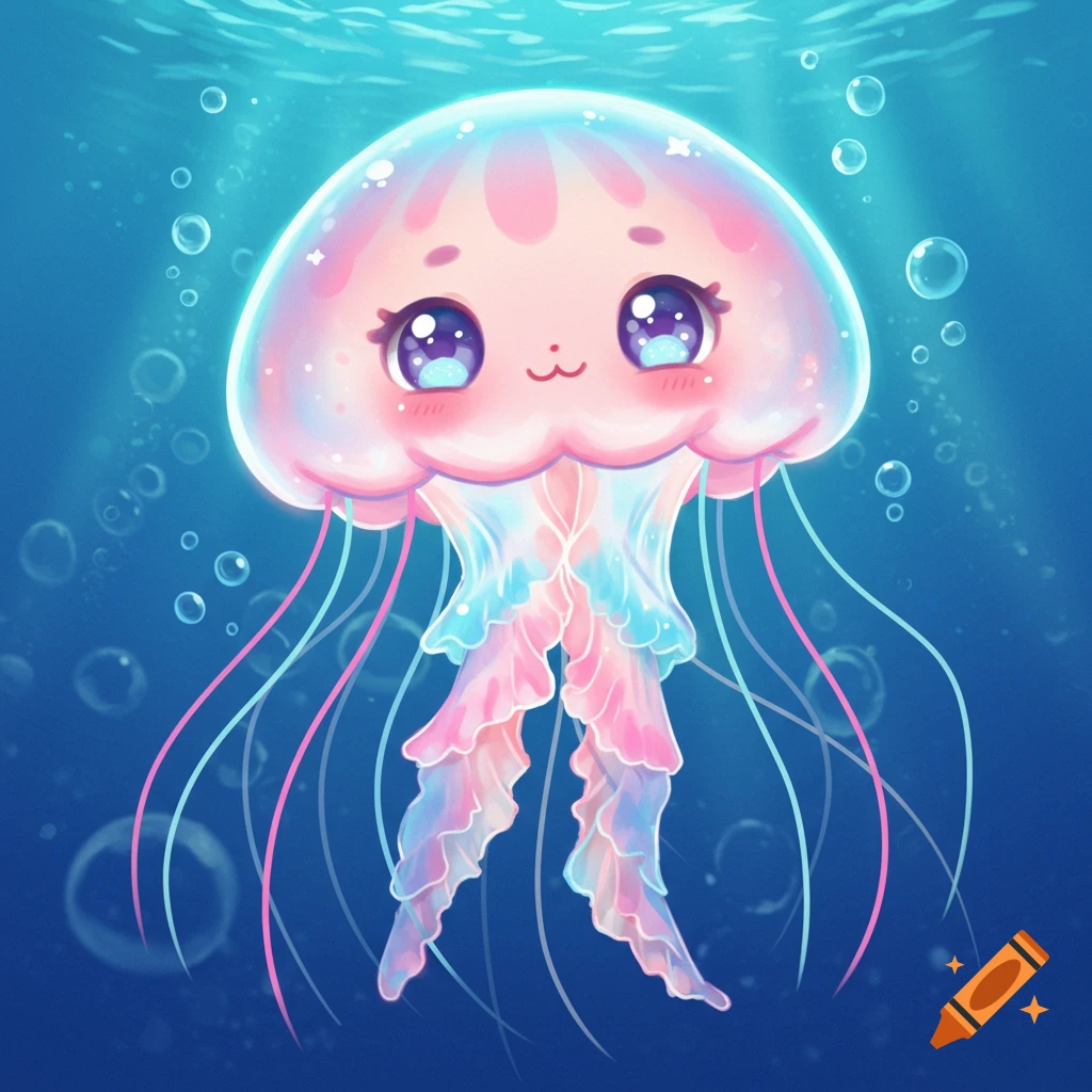 Cute anime pink and blue jellyfish swimming underwater