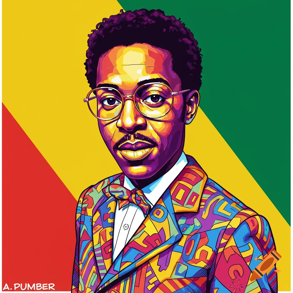 Colorful pop art portrait of a man with afro, glasses, and patterned suit against red, yellow, and green stripes.