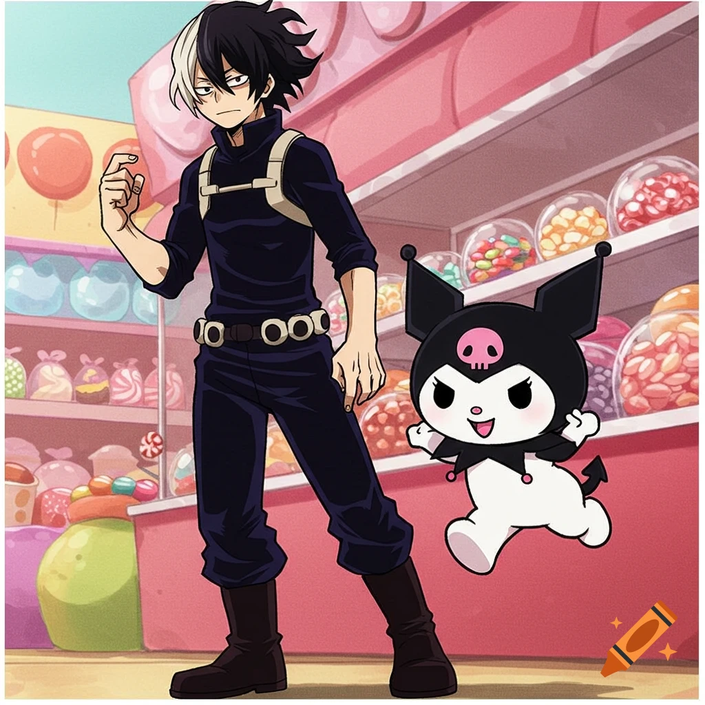 Shota Aizawa-like character and Kuromi standing in a candy store, anime style.