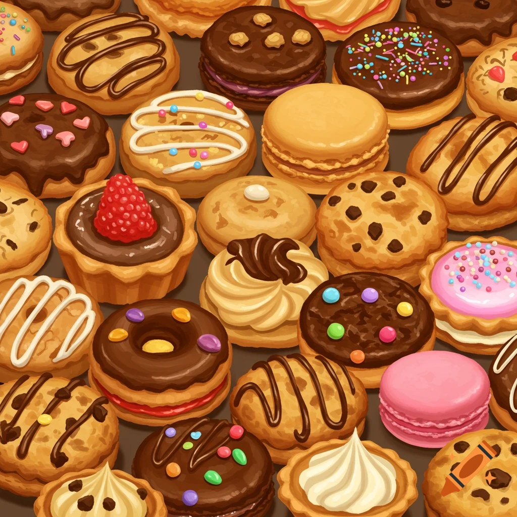 A close-up array of various colorful desserts, including cookies, donuts, macarons, and tarts.