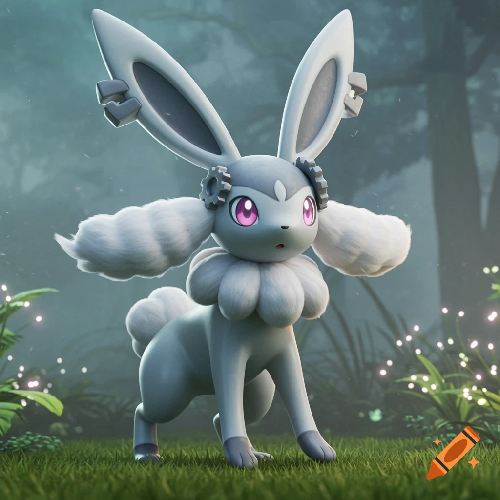 A grey, fluffy rabbit-like creature with large ears and pink eyes stands in a misty forest clearing.