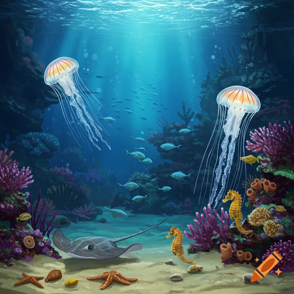 Digital illustration of an underwater coral reef with jellyfish, a stingray, seahorses, and fish.