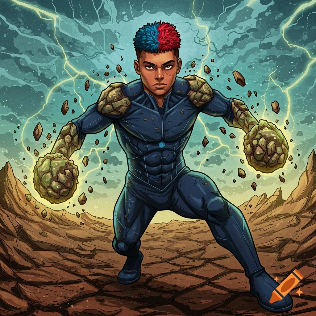 Illustration of a superhero with earth fists and bicolour hair standing in a rocky landscape with lightning.