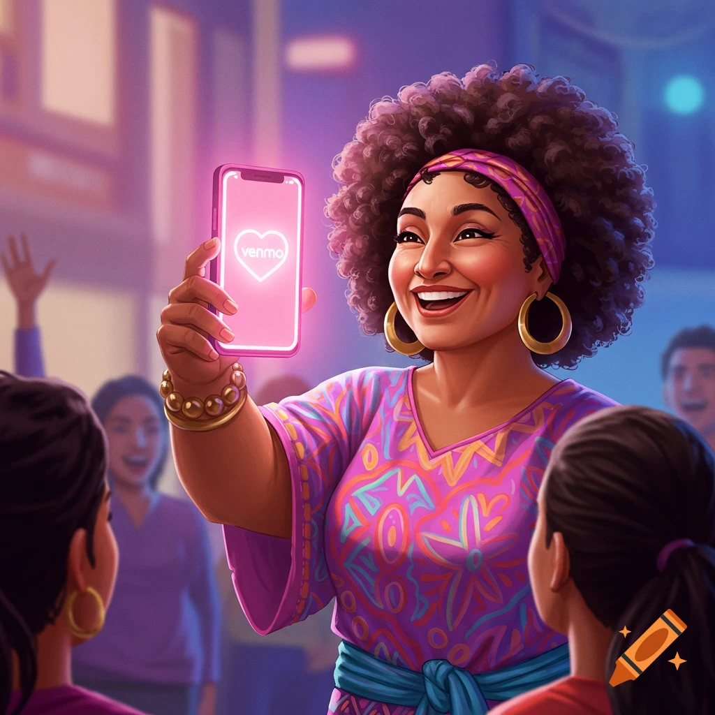 Illustration of a smiling woman holding up a phone displaying the Venmo logo in a crowd.