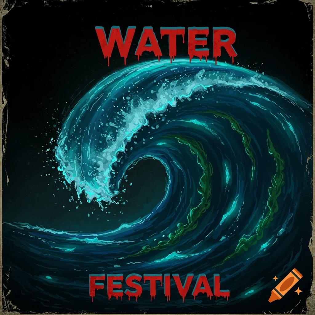 Scary poster for Water Festival with a large wave and red dripping text