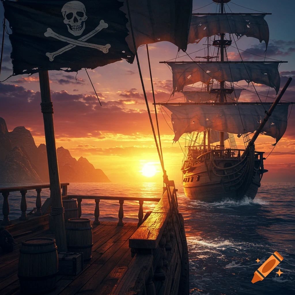 A pirate ship sails on the sea at sunset, viewed from the deck of another ship.