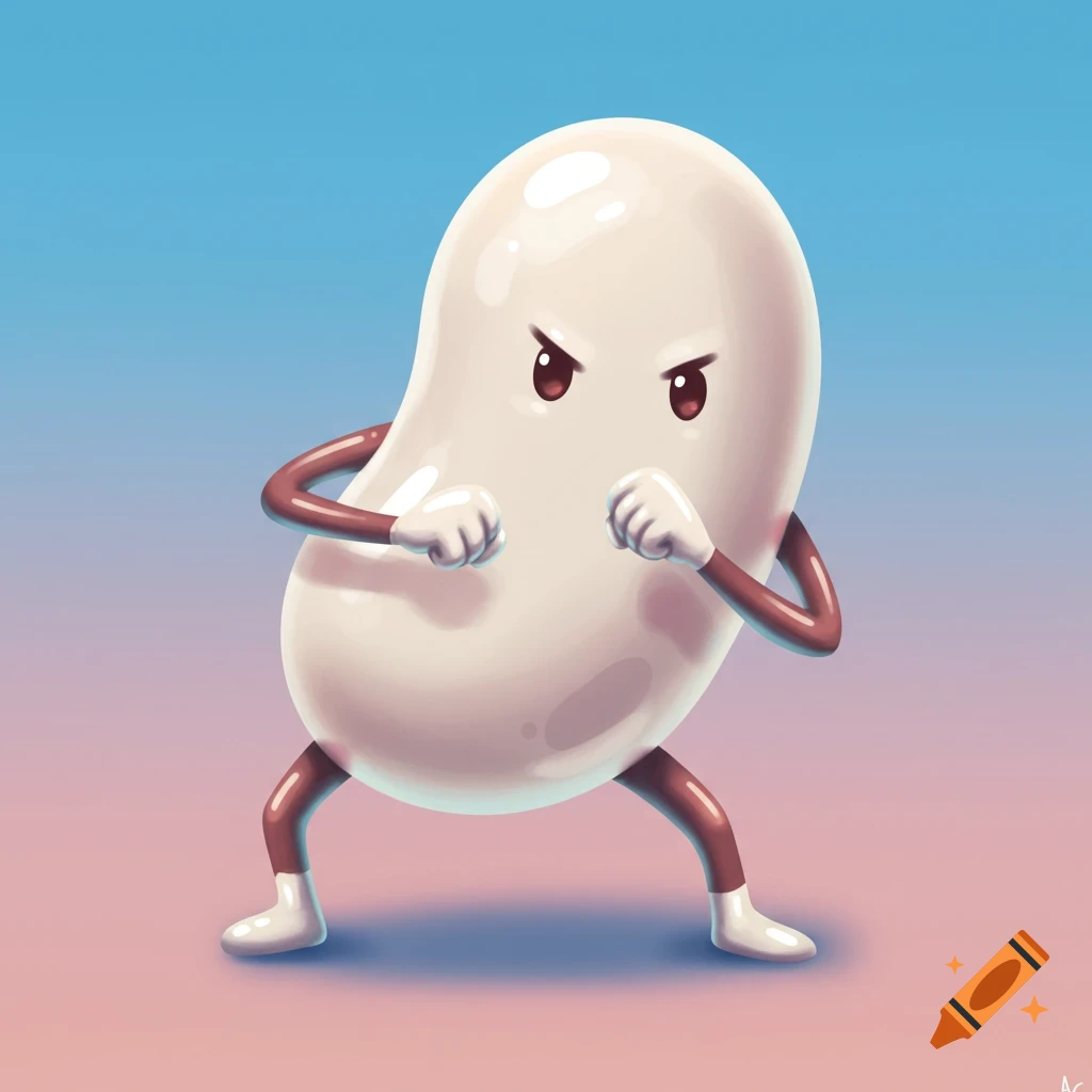 Cartoon white jelly bean character with arms and legs in a fighting pose.