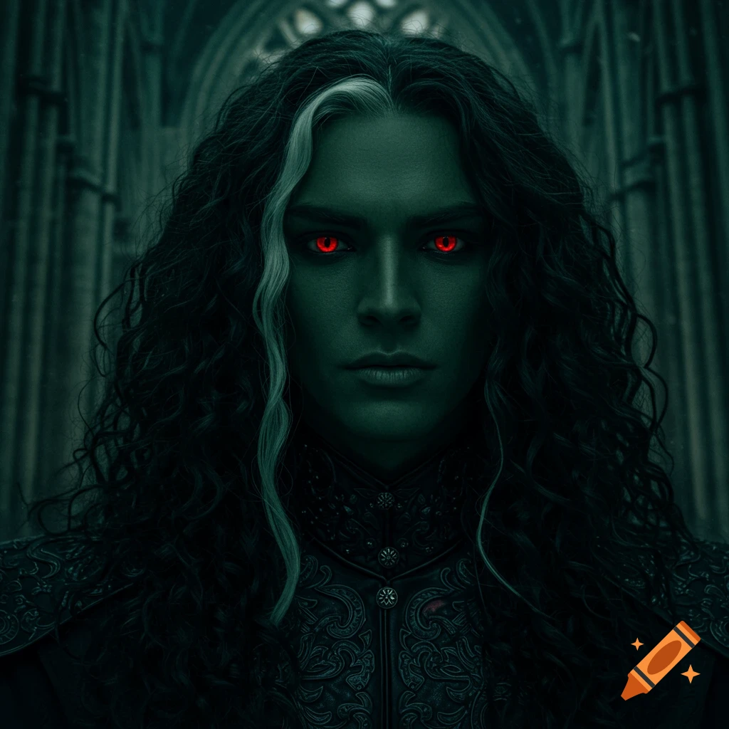 Portrait of a dark-skinned person with glowing red eyes and long black hair with a white streak, wearing ornate clothing, in a dark gothic setting.