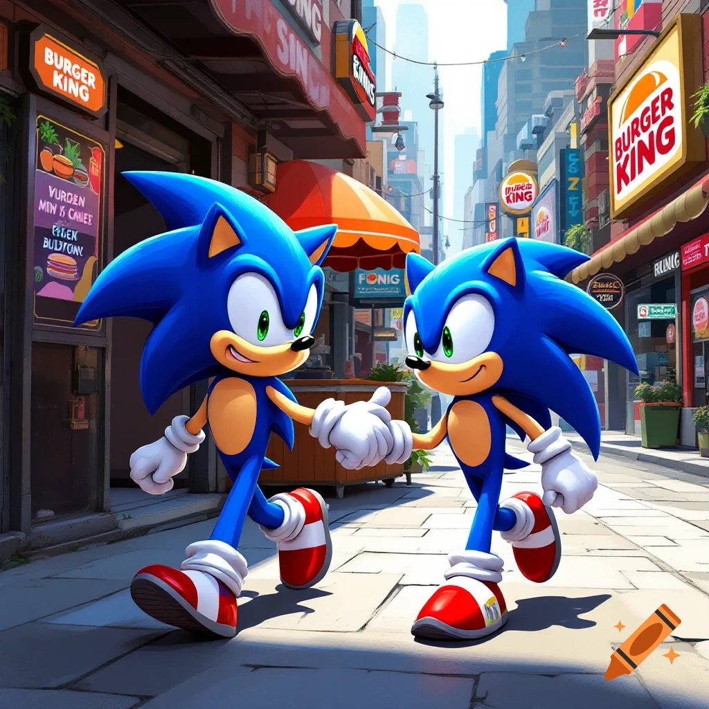 Two Sonic characters walking hand-in-hand down a city street past Burger King signs