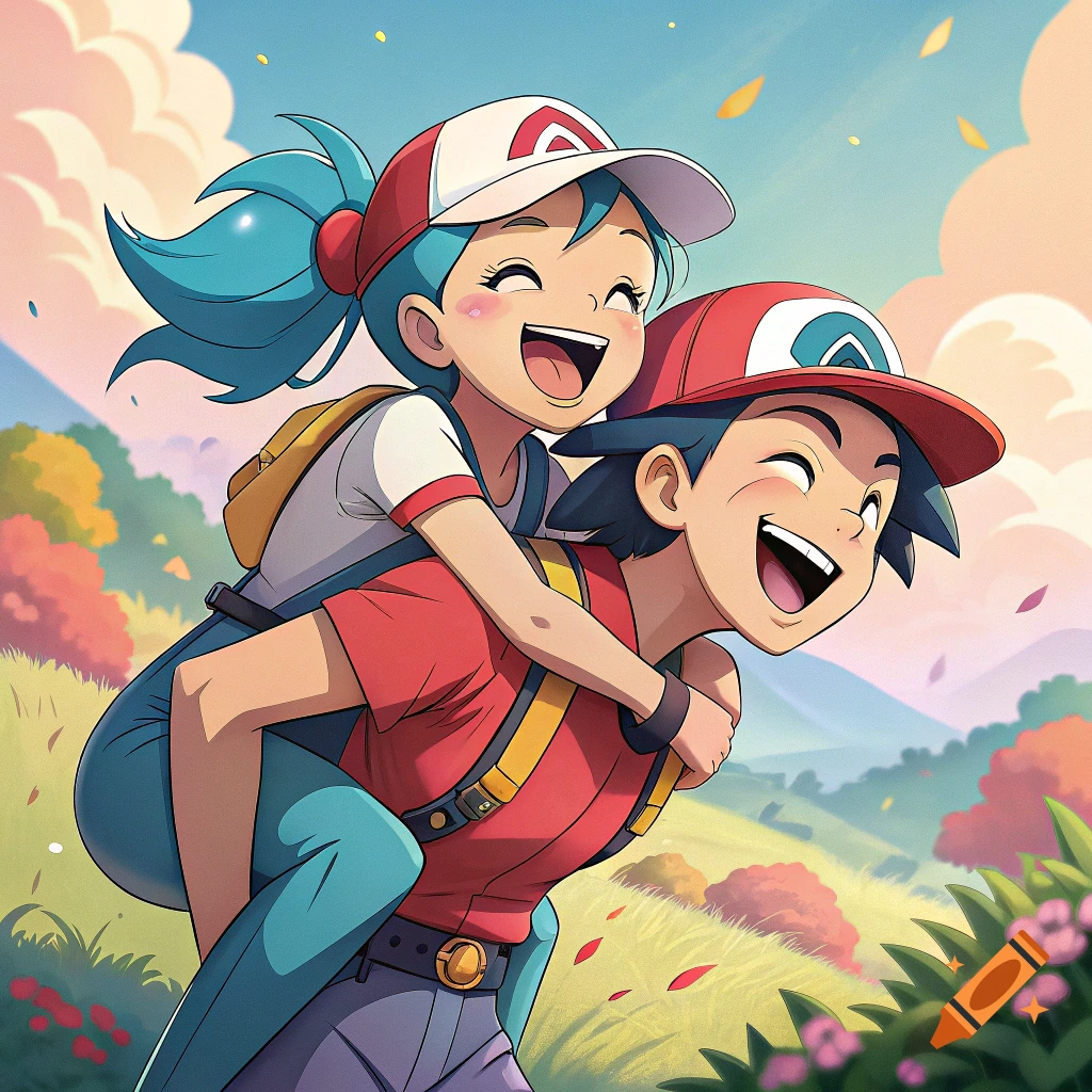 Two happy cartoon kids in baseball caps piggyback outdoors, anime style.
