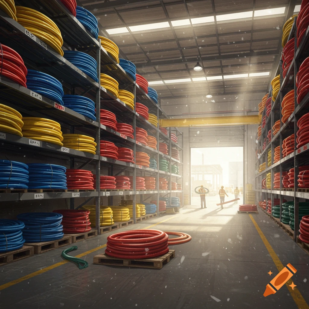 Warehouse shelves stacked with coiled industrial hoses in red, blue, yellow, and green. Workers are visible near a large door in the background.