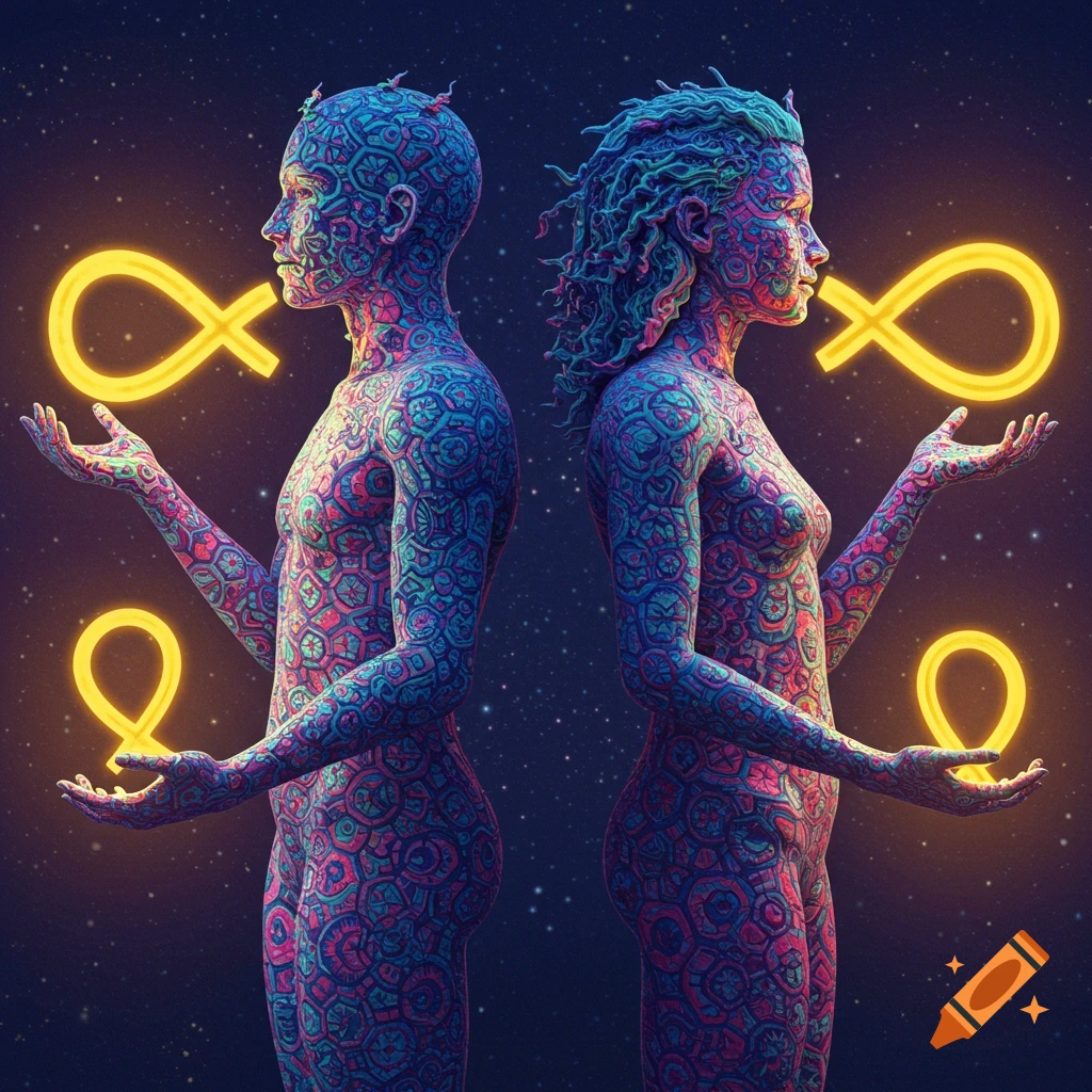 Two figures with colorful patterns stand back to back, holding glowing infinity and circle symbols in a starry cosmic background.