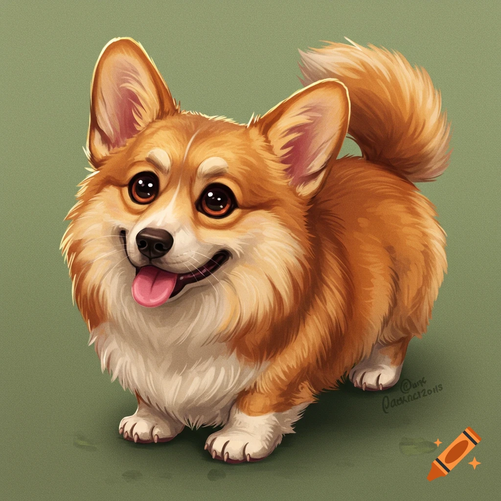 A cute, happy, cartoon illustration of a corgi with big eyes and a wagging tail on a green background.