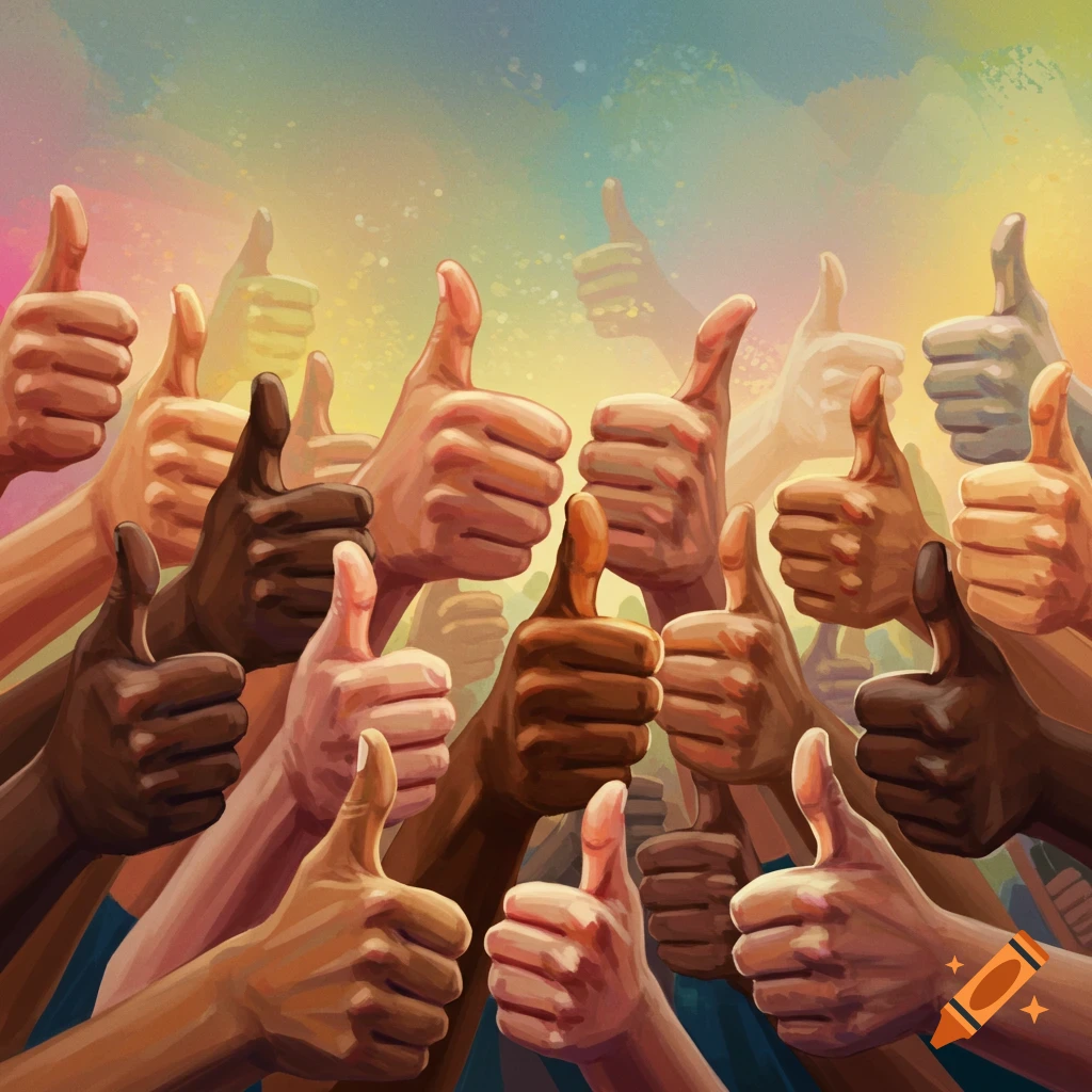 A crowd of hands with various skin tones giving thumbs-up gestures against a colorful background in a painterly style.