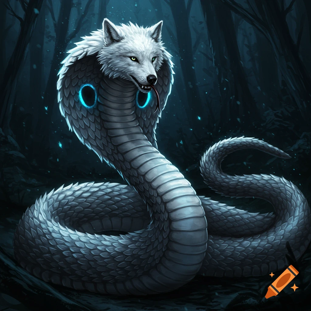 A fantasy hybrid creature with a wolf head and a cobra body sits in a dark forest.