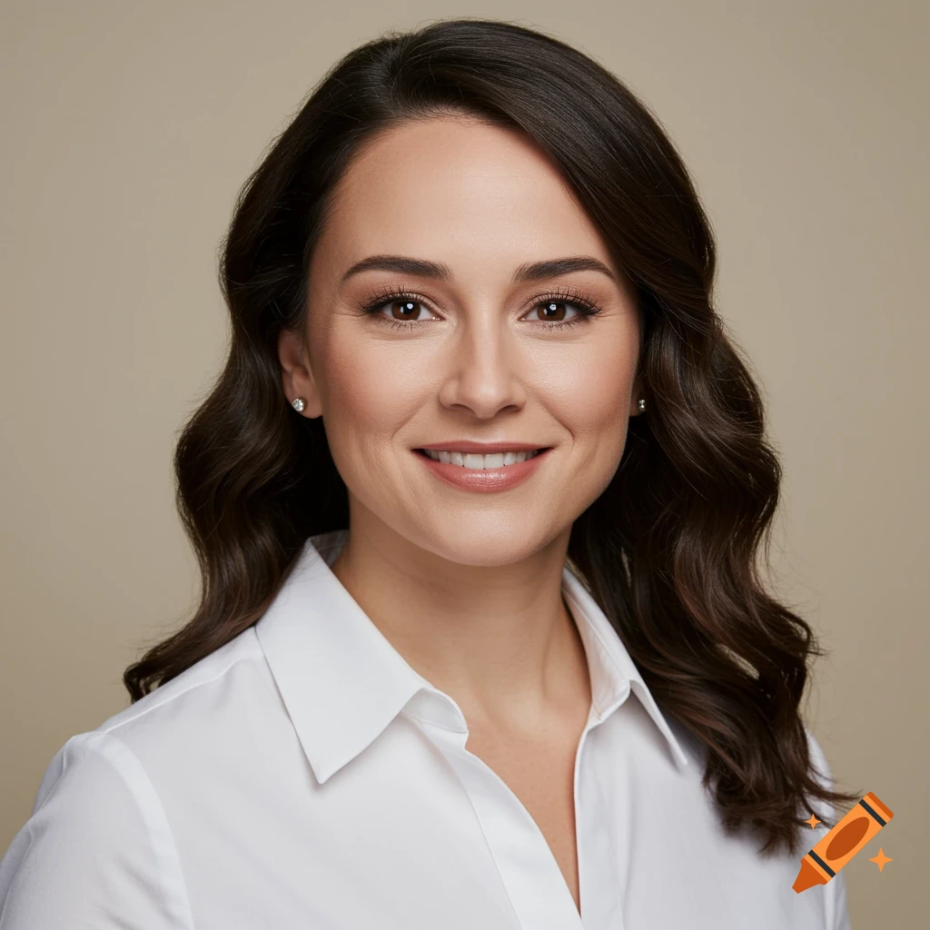 Professional portrait of a smiling woman in a white shirt