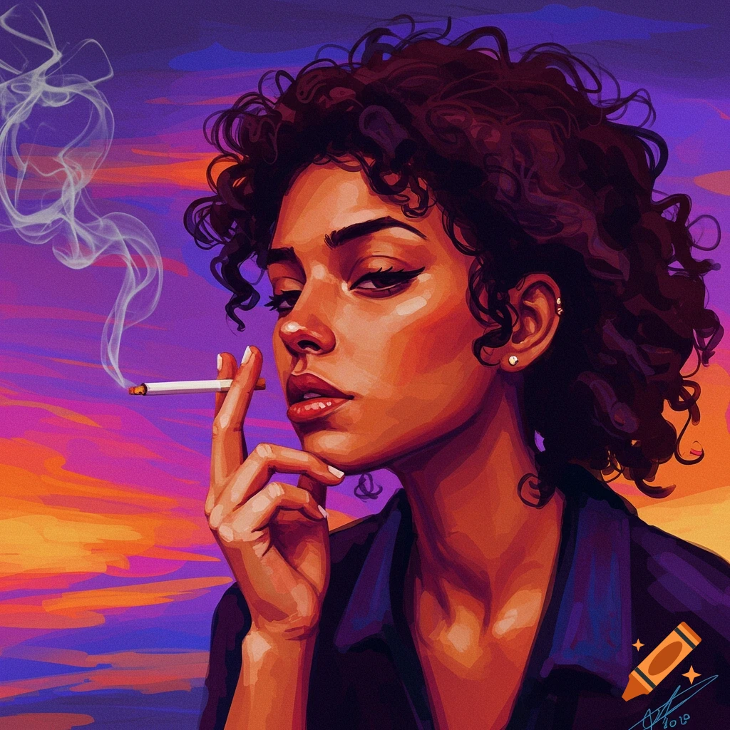 Stylized portrait illustration of a woman smoking a cigarette against a purple and orange sky.