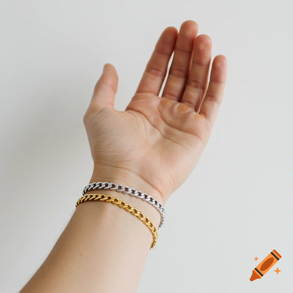 Hand wearing gold and silver chain bracelets on white background