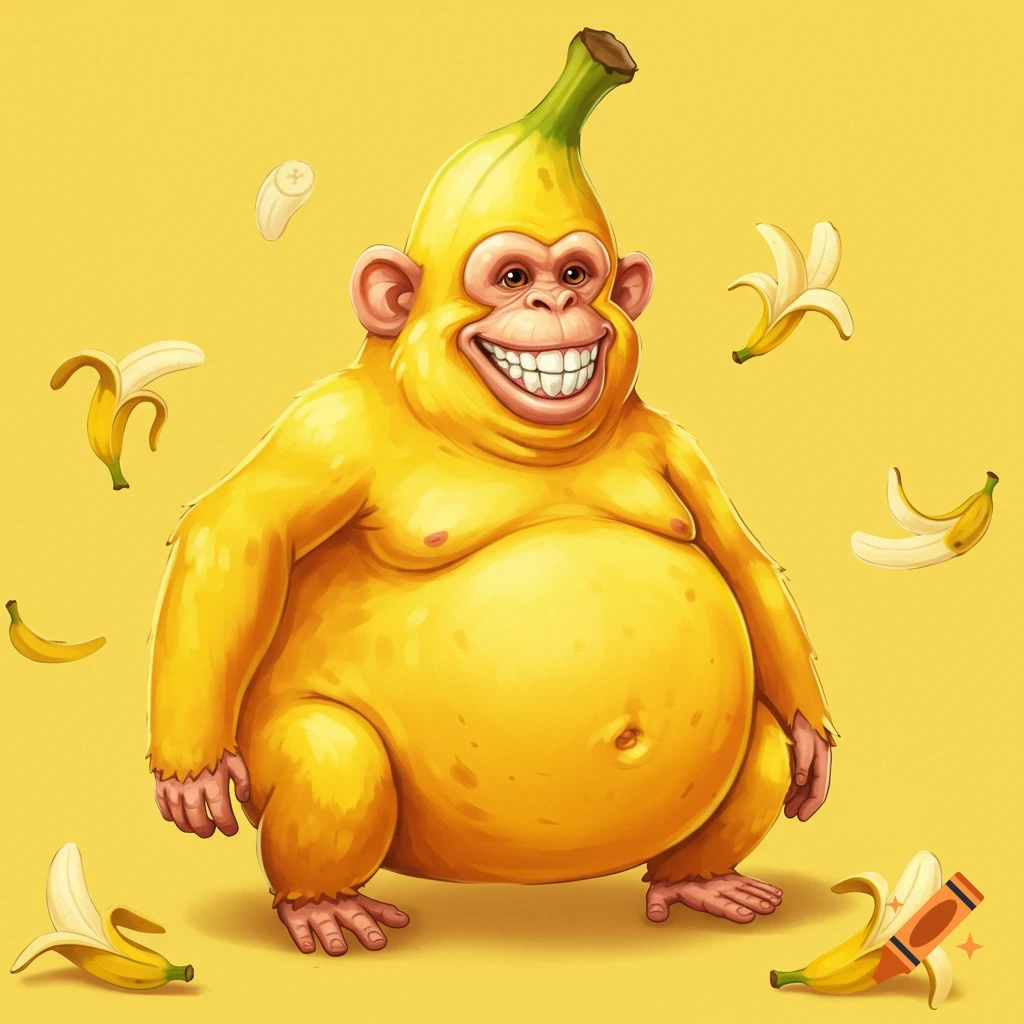 Cartoon illustration of a smiling banana monkey surrounded by peeled bananas.