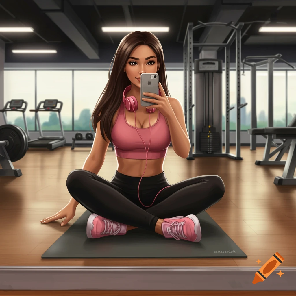 An illustration of a woman in a gym taking a mirror selfie with her phone. She sits on a mat wearing a pink sports bra and black leggings.