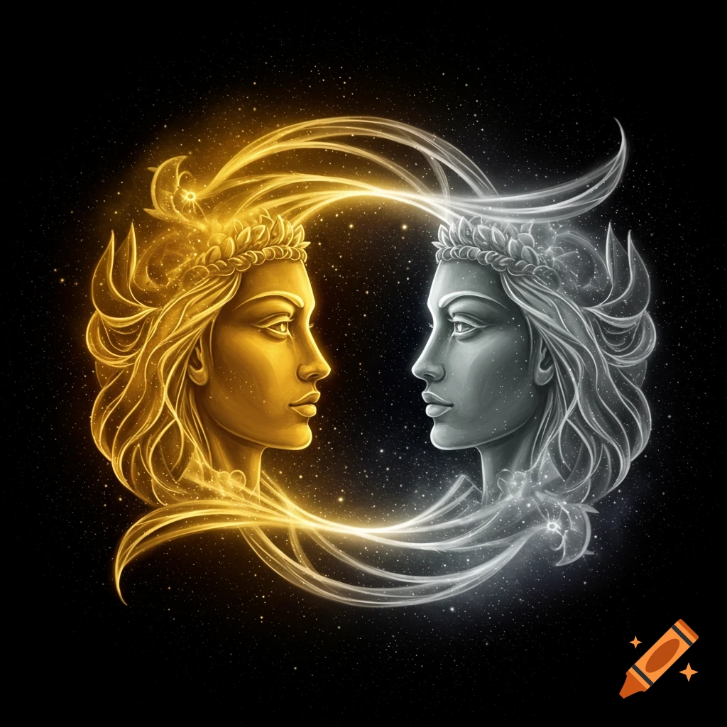 Stylized golden and silver faces representing twins, connected by glowing cosmic energy on a starry background.
