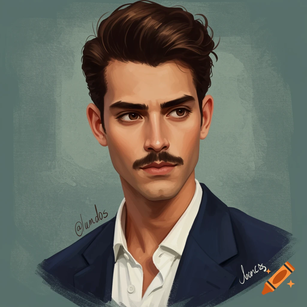 Illustration of a young man with dark hair and mustache wearing a suit