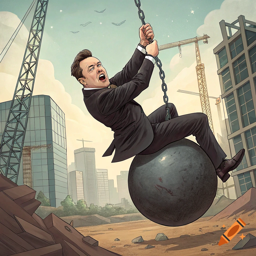 Illustration of Elon Musk swinging on a wrecking ball at a demolition site