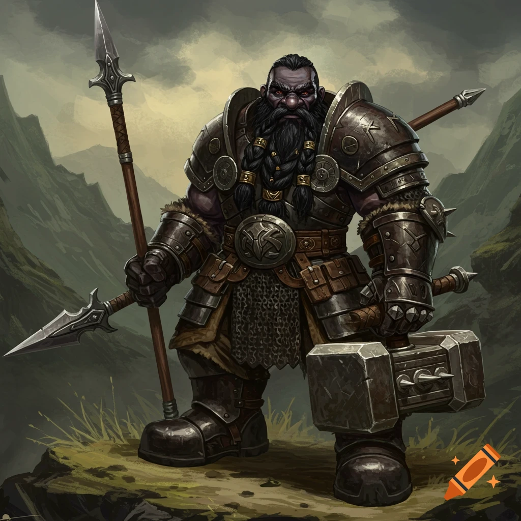 Fantasy illustration of a dwarf warrior with a spear and warhammer standing in a mountain landscape.