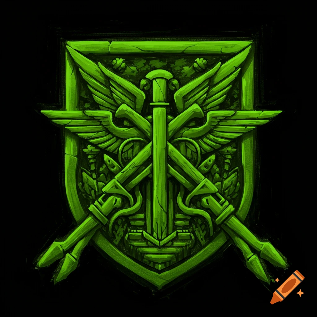 Green military style crest with sword, wings, and spears.
